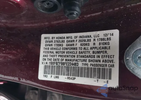 2015 Honda Civic Ex from USA, damaged, VIN 19XFB2F86FE224483